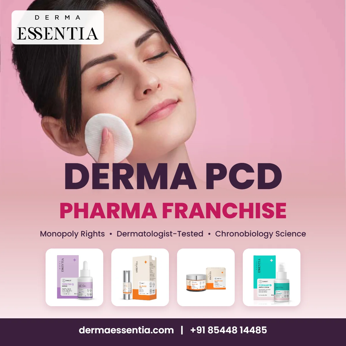 Derma Essentia derma PCD pharma franchise banner with monopoly rights, dermatologist-tested chronobiology skincare and product range